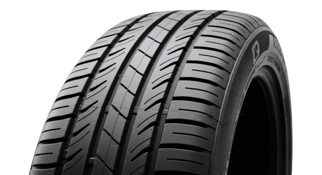 Detailed shot of a black rubber vehicle tire, highlighting its durable surface and deep grooves for road traction and safety, isolated on transparent background