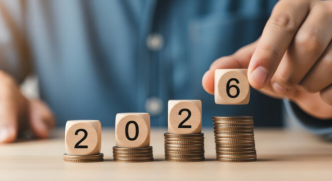 Hand adding number 6 cube to stacked coins and year 2026
