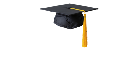 Black graduation cap with a vibrant yellow tassel, symbolizing academic achievement, success, and the culmination of educational journeys, isolated on transparent background