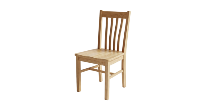 A classic wooden dining chair with a slatted back, crafted from lightcolored wood, offering a timeless design for various home interiors, isolated on transparent background
