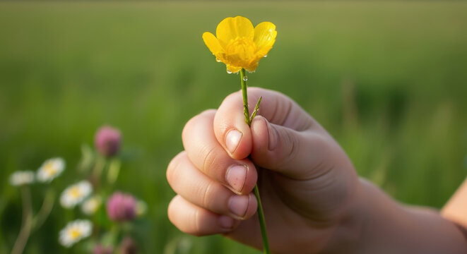 Child holding bright yellow buttercup flower in a field selective focus closeup