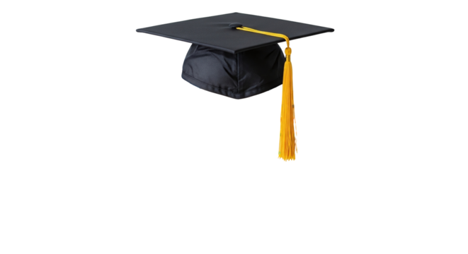 Black graduation cap with a vibrant yellow tassel, symbolizing academic achievement, success, and the culmination of educational journeys, isolated on transparent background