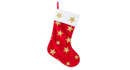 A vibrant red christmas stocking adorned with shimmering golden stars and a soft white cuff, ready for holiday gifts and festive home decoration, isolated on transparent background