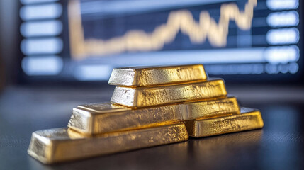 Gold bar stack investment precious metal on desk with blurred stock chart and warm light conveying financial optimism and value