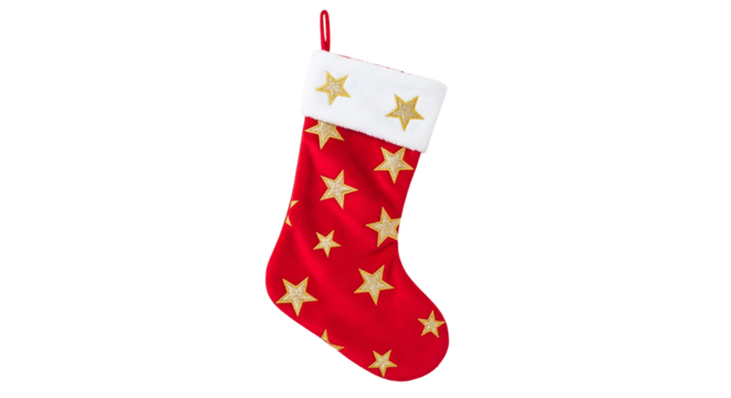 A vibrant red christmas stocking adorned with shimmering golden stars and a soft white cuff, ready for holiday gifts and festive home decoration, isolated on transparent background