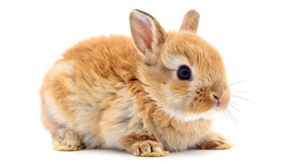 Obraz premium A fluffy, light brown bunny with large eyes sits against a bright, white background in a studio-like setting
