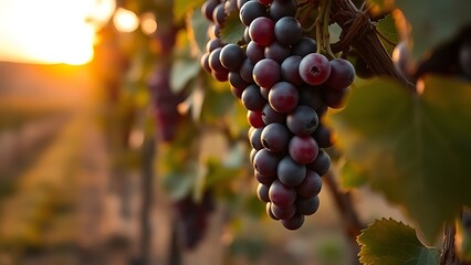 sangiovese. Deep red Sangiovese grapes ripening on the vine in a vineyard at sunset. inspiring travel planning, menu design, designed for culinary blogs and recipe cards for restaurants.
