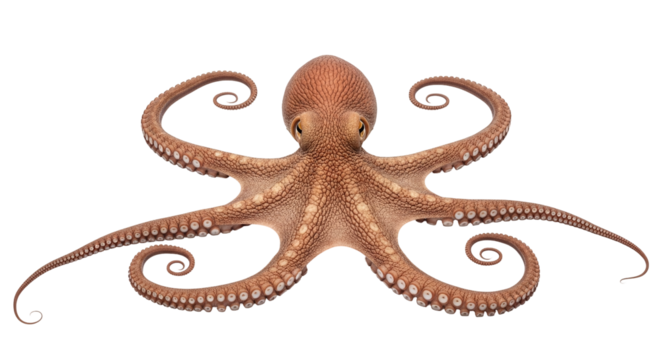 A detailed overhead view of a brown octopus with curled tentacles, showcasing its intricate texture and suction cups, isolated on transparent background