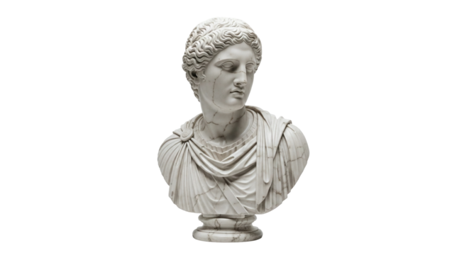 Classical marble bust of a woman with elaborate hairstyle and draped garment, an ancient roman or greek sculpture representing historical art and beauty, isolated on transparent background