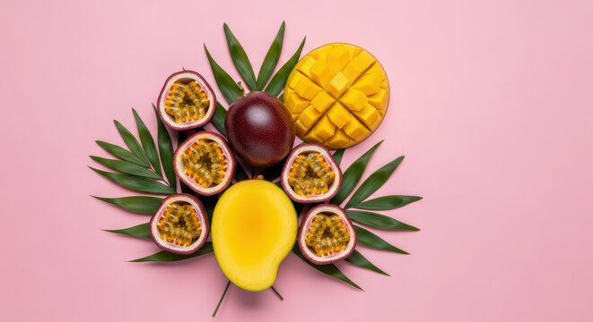 Fresh tropical fruits arranged with palm leaves on a vibrant pink background - Powered by Adobe