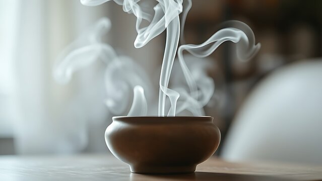 soliloquy. White smoke rising from a simple ceramic incense burner in soft indoor light. event programs, museum guides, designed for cultural heritage projects and event programs, supports education.