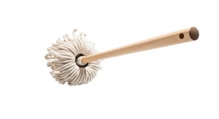 A classic string mop with a wooden handle, designed for effective floor cleaning and household chores, presented horizontally and isolated on a transparent background