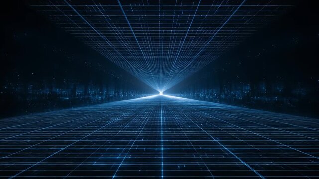 Futuristic digital landscape with glowing grids and lines leading into a bright horizon
