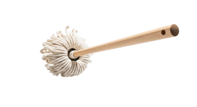 A classic string mop with a wooden handle, designed for effective floor cleaning and household chores, presented horizontally and isolated on a transparent background