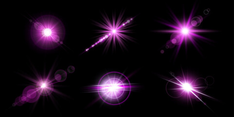 Pink lens flares set. Isolated on black background. Sun flash with rays or spotlight and bokeh. Pink glow flare light effect. Vector illustration. © Elena