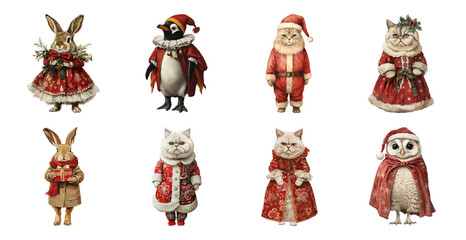 PNG Festive animals in holiday attire, element set on transparent background
