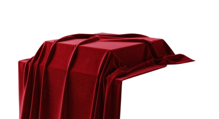 Luxurious red velvet cloth elegantly draped over a hidden object, creating a sense of mystery and anticipation, with rich texture and folds highlighted, isolated on transparent background