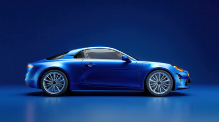 Blue sports car with sleek design and shiny alloy wheels on matching blue studio background