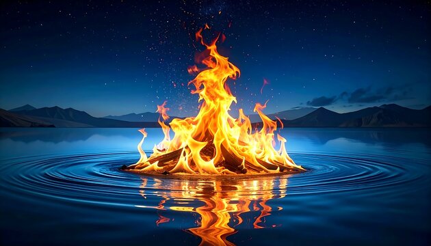 A bonfire glows intensely on a calm water surface, mirroring flames against a dark mountain and starry night sky - Powered by Adobe