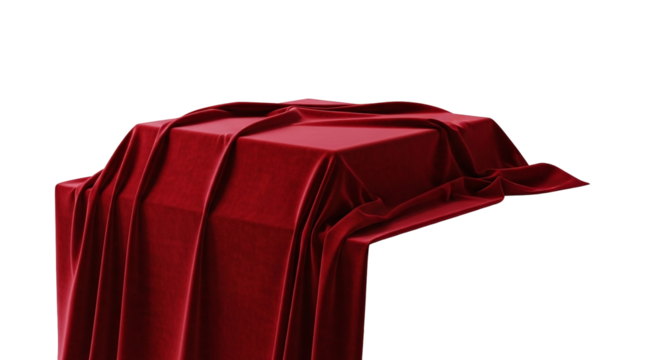 Luxurious red velvet cloth elegantly draped over a hidden object, creating a sense of mystery and anticipation, with rich texture and folds highlighted, isolated on transparent background