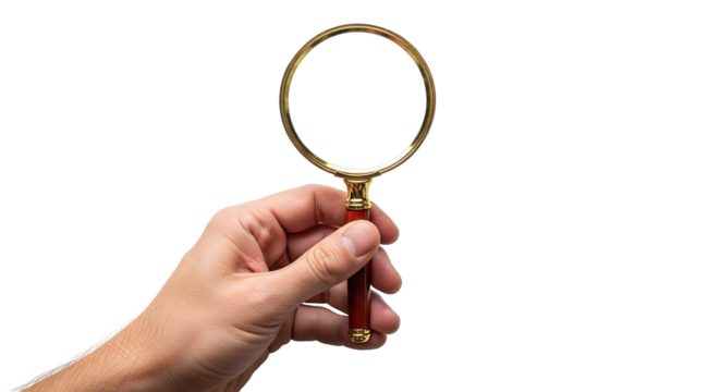 A hand holds a classic magnifying glass with a golden frame and a red wooden handle, symbolizing search, investigation, and discovery, isolated on transparent background