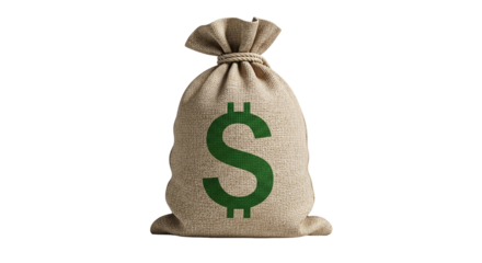 A rustic burlap money bag with a prominent green dollar sign, symbolizing wealth, savings, and financial prosperity, securely tied at the top and standing upright, isolated on a transparent background