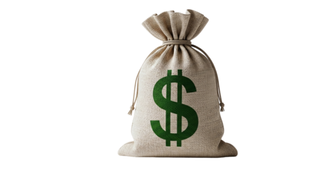 A burlap money bag with a green dollar sign printed on it, tied at the top, representing wealth, finance, savings, and investment, isolated on transparent background