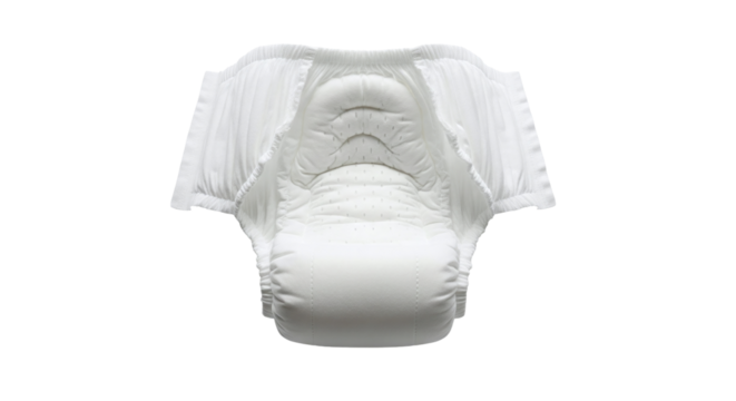 Front view of a new, unused white adult diaper, an essential product for incontinence management, providing comfort and protection, isolated on a transparent background