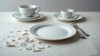 porosity. Broken porcelain fragments beside a flawless dinnerware set on a neutral tabletop. wellbeing guides, coaching materials, designed for mental health education and mindfulness programs.