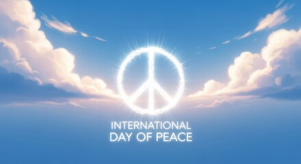 A glowing white peace symbol shines brightly in a blue sky with soft clouds, commemorating the International Day of Peace.