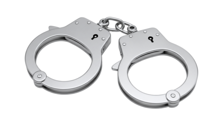 A pair of shiny silver metal handcuffs, a symbol of law enforcement, justice, and crime, representing arrest, security, and legal consequences, isolated on a transparent background