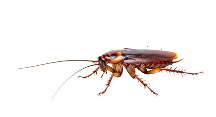A brown cockroach, a common household pest, is captured in a detailed closeup, isolated on a pristine transparent background, showcasing its segmented body, long antennae, and six legs