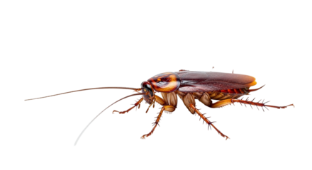 A brown cockroach, a common household pest, is captured in a detailed closeup, isolated on a pristine transparent background, showcasing its segmented body, long antennae, and six legs