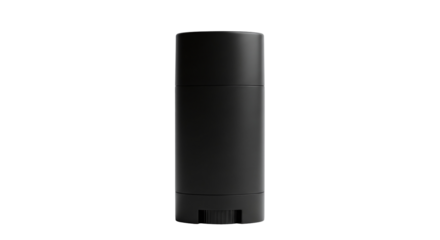 A sleek, black deodorant stick, designed for personal hygiene and daily grooming, stands upright, ready for use, isolated on transparent background