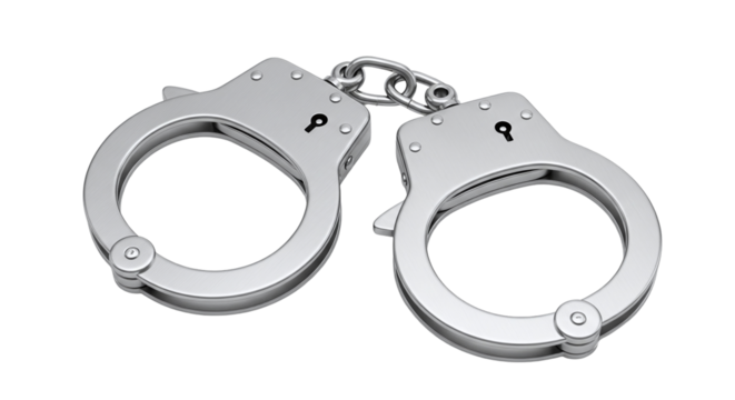 A pair of shiny silver metal handcuffs, a symbol of law enforcement, justice, and crime, representing arrest, security, and legal consequences, isolated on a transparent background