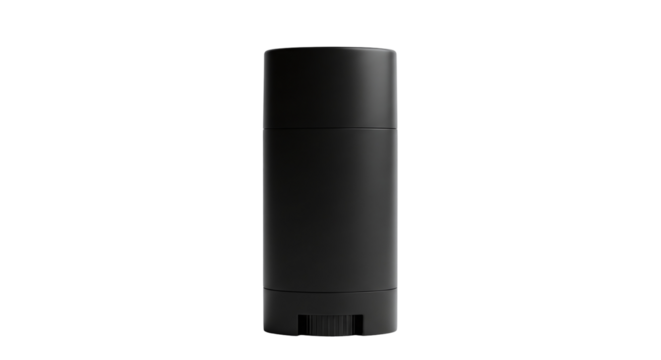 A sleek, black deodorant stick, designed for personal hygiene and daily grooming, stands upright, ready for use, isolated on transparent background