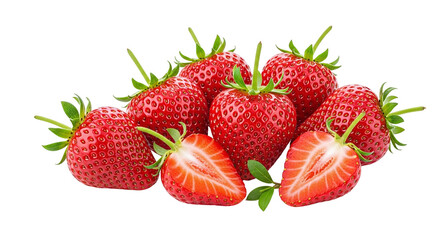 Fresh, ripe red strawberries, whole and halved, displaying vibrant color, sweet taste, juicy texture, perfect for healthy snacks, desserts, and summer recipes, isolated on transparent background