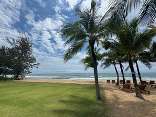 Idyllic &Ocirc;ng Lang Beach in Vietnam: Sun Loungers on the Sand, Green Lawn, and Palms Against the South China Sea and Cloudy Sky.