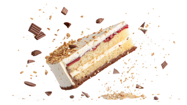Falling  cake slice isolated on transparent or white background