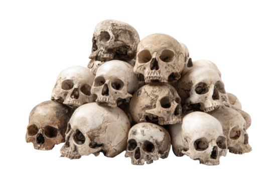 Pile of human skulls isolated on transparent background. Pile of human skulls a grim and haunting collection isolated on white background.