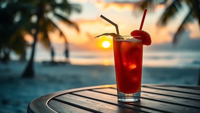 negative. Tropical drink on table with beach background, evoking relaxation and vacation vibes. bar promotions, beverage menus, designed for food & beverage menus and cafe branding.