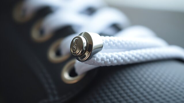 osmium. Polished metal aglet at the end of a white shoelace with metallic texture. lifestyle magazines, social media lookbooks, designed for lifestyle magazines and social media content.