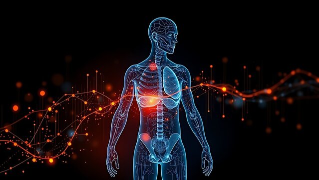 biometric. Abstract human silhouette with glowing AI fitness data streams, symbolizing algorithmic health analysis. product launch decks.