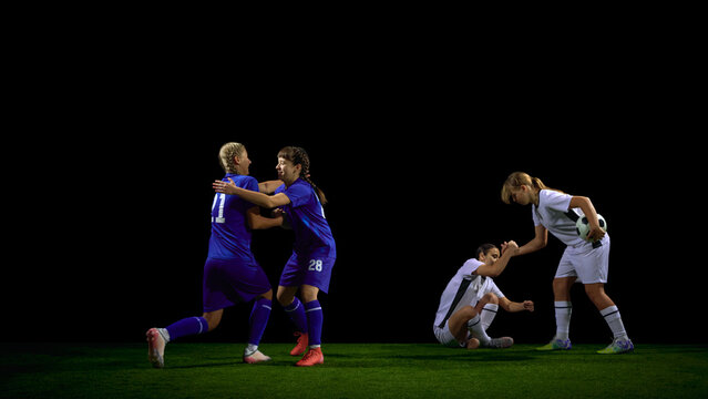 Female soccer players joyfully celebrating win and supporting teammate. Concept of team-spirit promotion, motivational posters, youth club campaigns, positive sport culture.