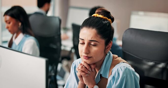 Creative, employee and woman with computer, think and proofreading story for journalism and editing. Coworking, reporter and people with technology for article, reflection or inspiration in newsroom