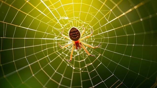 lemuria. A spider mending its intricate web with glistening threads in morning light. wildlife magazines, conservation campaigns, designed for eco-tourism storytelling, used by motion designers.