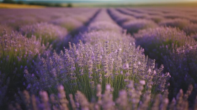 Rows of blooming lavender flowers in a field at dusk Keywords: lavender, field, flowers, purple, bloom, blooming, nature, agriculture