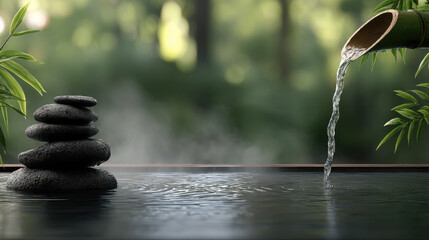 Zen stone stack bamboo water spout tranquil pond green foliage peaceful garden nature relaxation spa