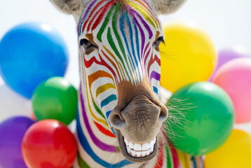 A happy zebra with multicolored stripes and colorful balloons. Advertisement for a zoo or circus. Concept of bright colors