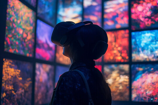 Focused person using high-tech vr headset in neon futuristic space, digital scanning interface, generative AI